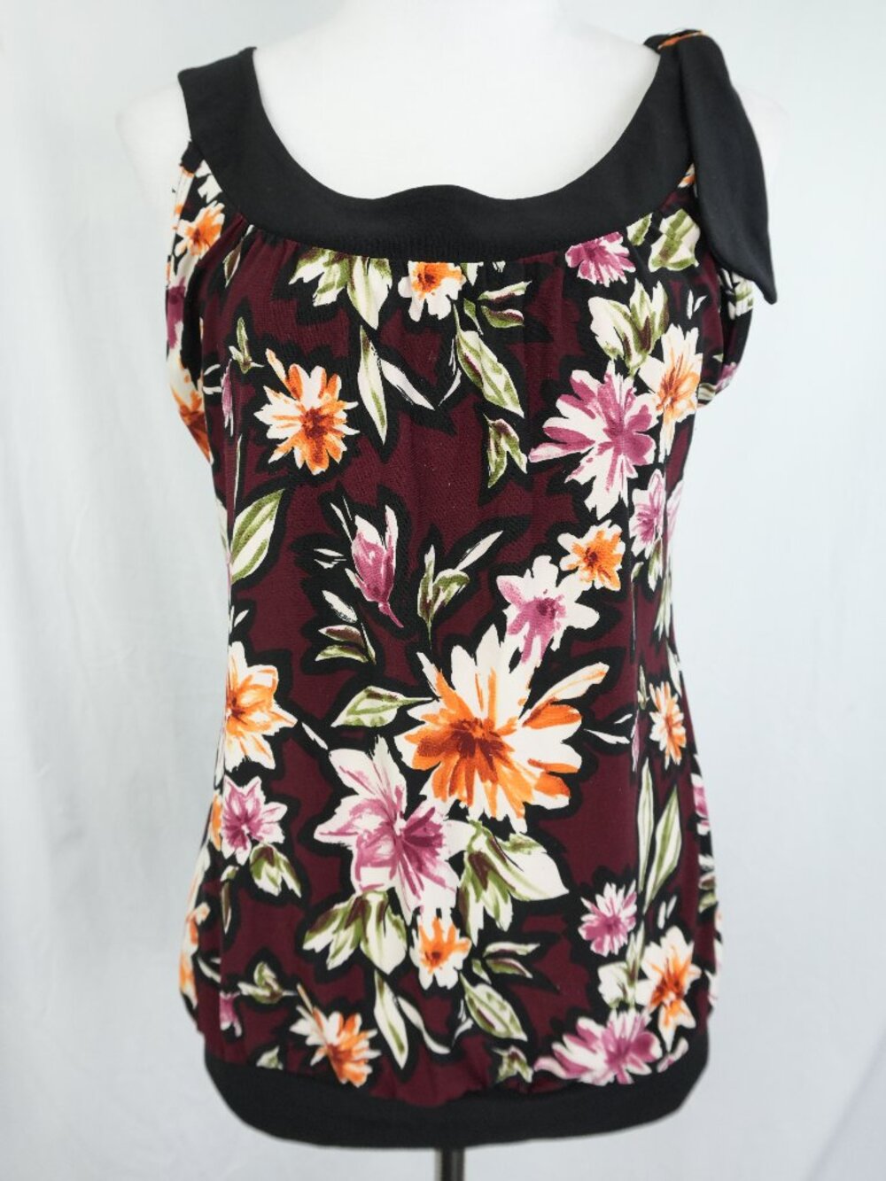 LNC Christopher & Banks Womens Medium Sleeveless Top Floral Shirt Maroon Orange
